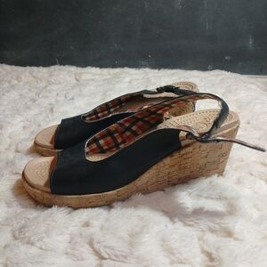 CROCS Sandals Womens Black Leather A Leigh Slingback Cork Wedge Heel 11848 US 7